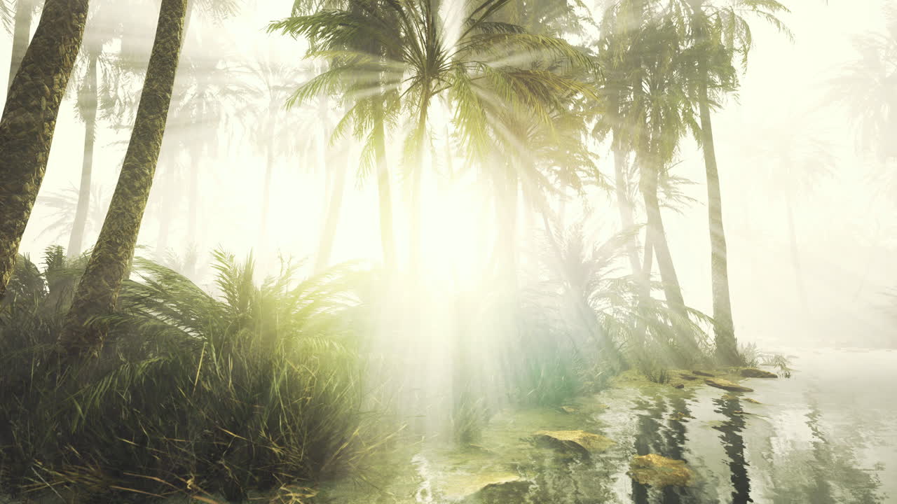 Misty morning in a tropical forest with sunlight filtering through palm trees