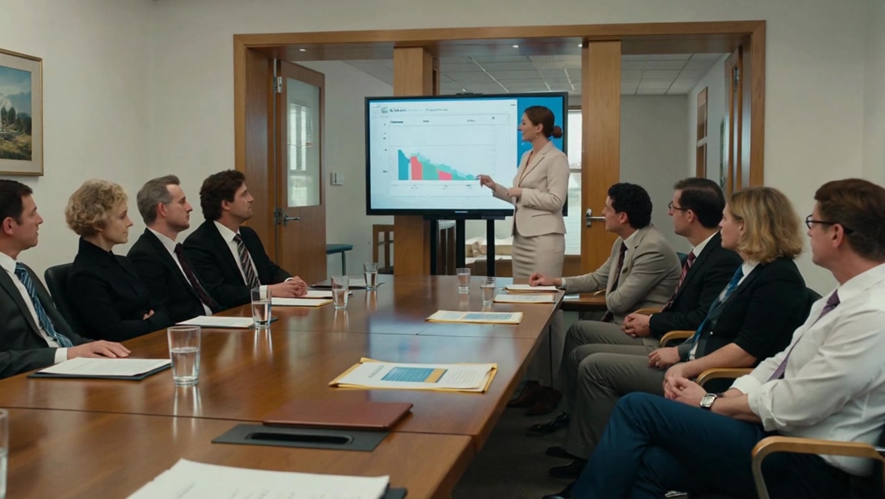 Empresaria presentando datos durante una reunión ejecutiva en sala de juntas