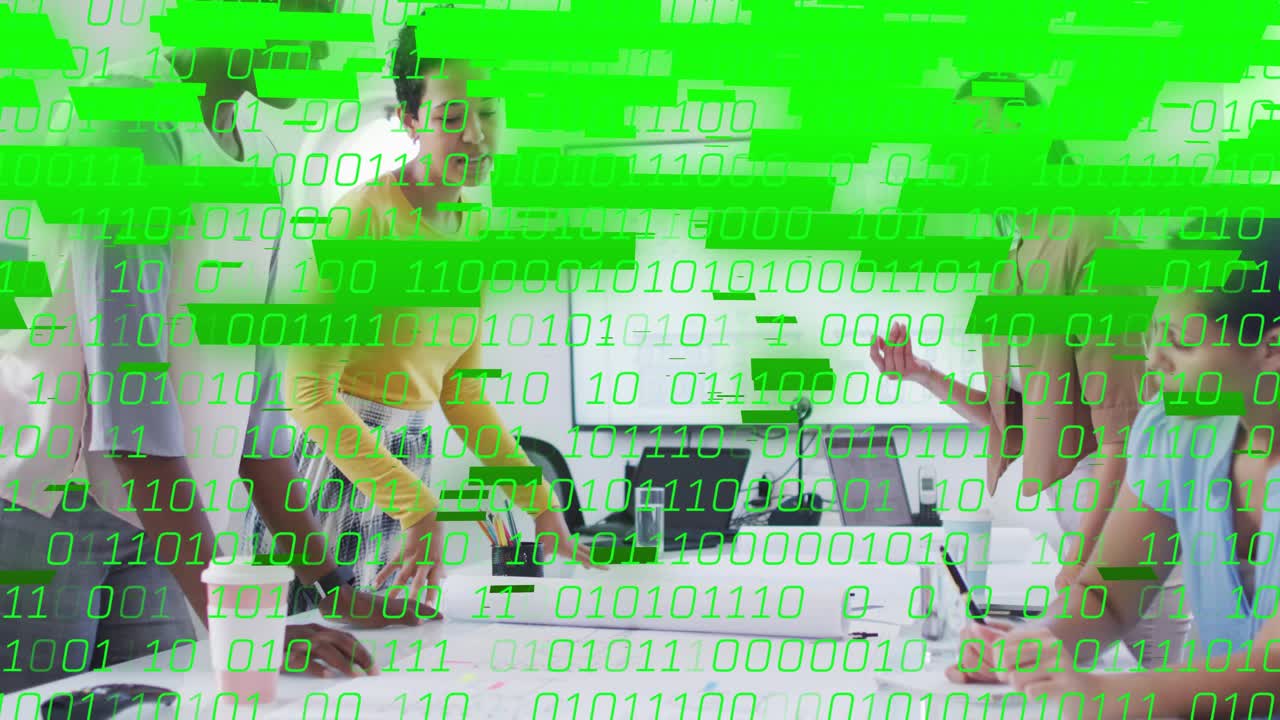 Design team unrolling plans, reviewing in meeting, starting green binary overlay obscuring team