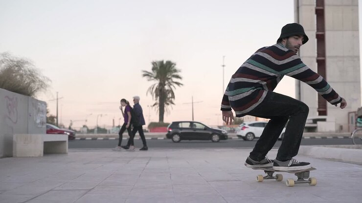 Acrobazia con lo skateboard in contesto urbano