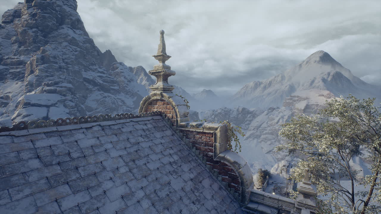 고대 지붕 에서 산 을 바라보는 평화로운 풍경