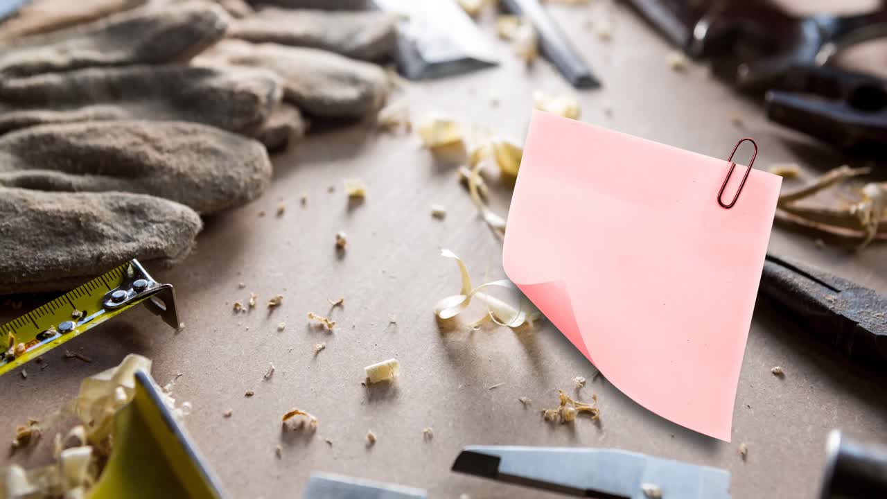 Animation of memo note with copy space over carpenter's work surface