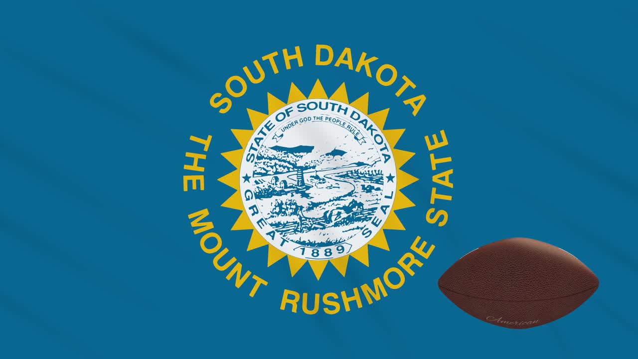 la bandera de dakota del sur agita y la pelota de fútbol americano gira, en bucle