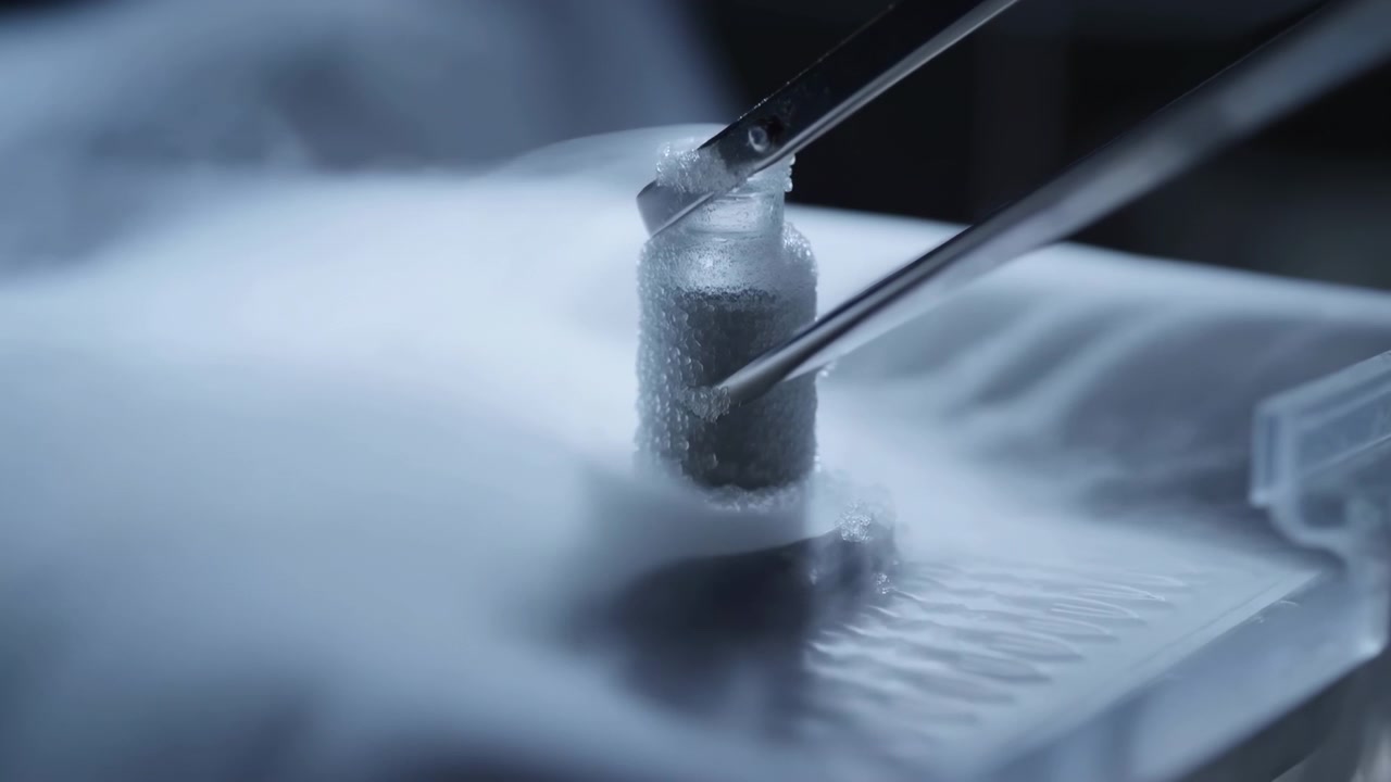 Pinzette metalliche sollevano con cura una fiala cilindrica satinata sopra una superficie refrigerata mentre una nebbia fredda si diffonde attraverso una scena scientifica macro scura, mostrando una manipolazione precisa, una texture riflettente e sterile.