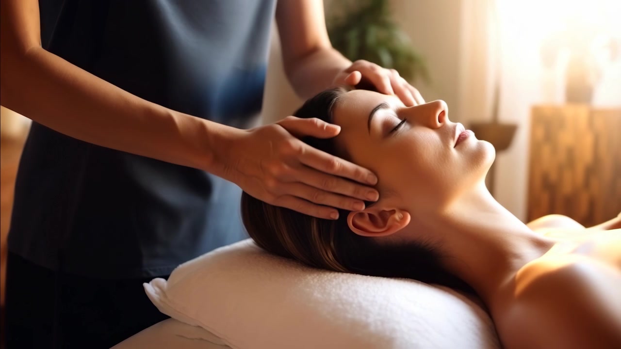 Professional Massage Therapist Giving Head Massage to Relaxed Woman