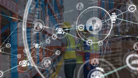 animation of network of connections with icons over people working in warehouse