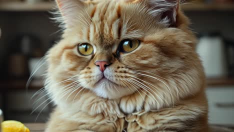 a cat is sitting on a table with a cup of coffee and a lemon. the cat appears to be angry and is staring at the camera