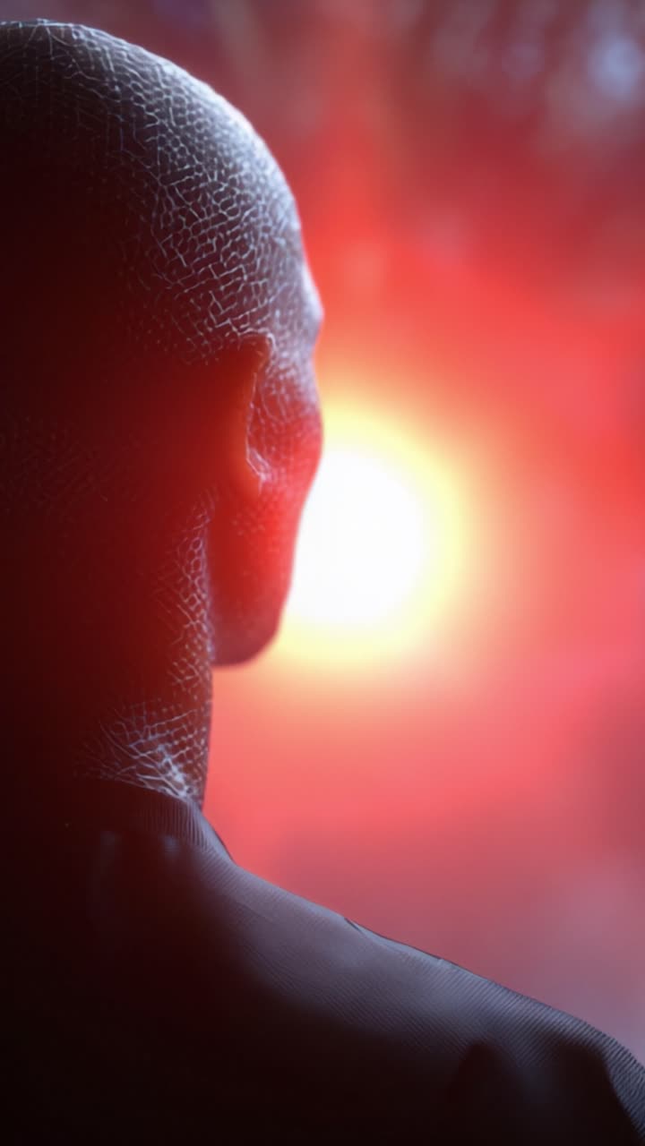 Une entité robotique se tient en contemplation, face à un orbe lumineux, alors que la scène passe d'une ambiance mystérieuse à une lueur vibrante et ardente