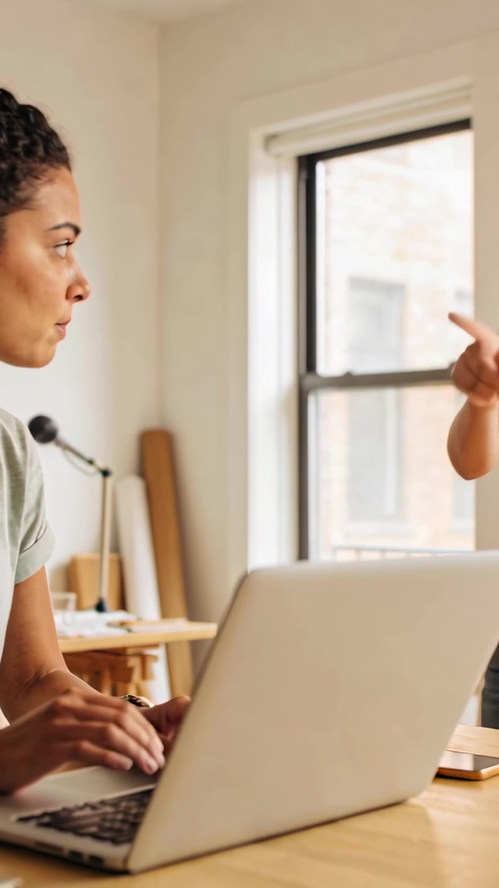 Vertical video: Typing woman looking at laptop in studio as peer entering advising, copy space