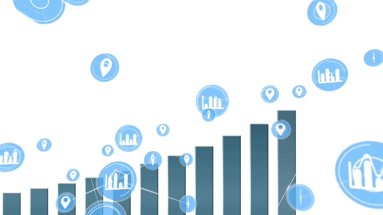 Animation of network of digital icons over statistical data processing against white background
