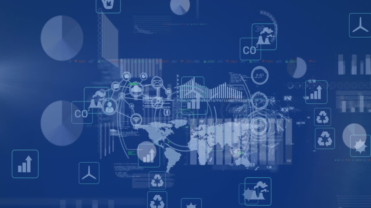 Animation of world map, scopes scanning and data processing