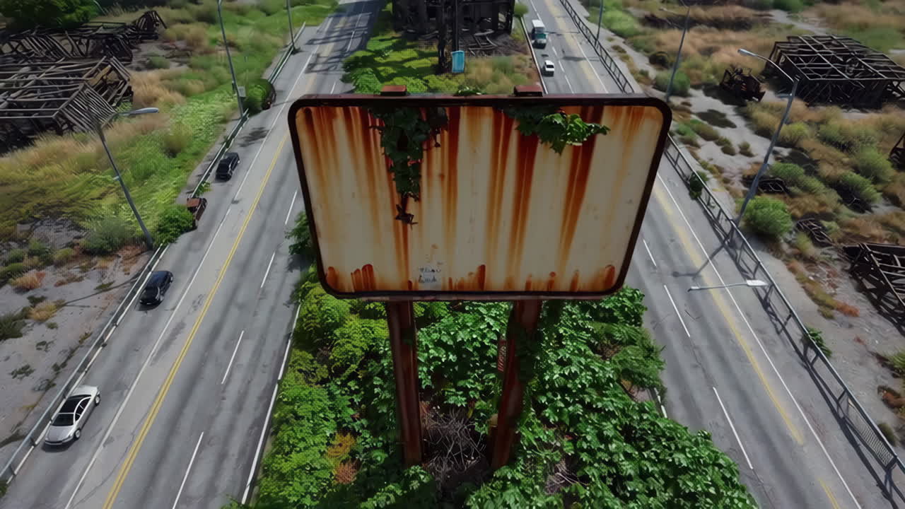 Abandoned Highway Overgrown with Vegetation and Rusty Billboard