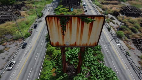 Abandoned Highway Overgrown with Vegetation and Rusty Billboard