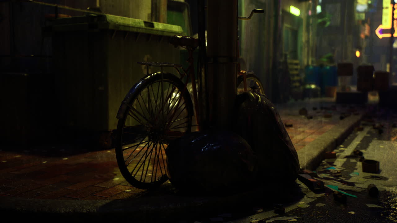 Bicycle resting near a street pole in a rainy urban alley at night