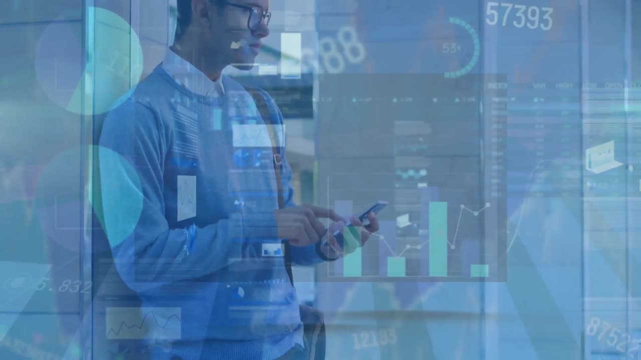 Animation of financial data processing over man using smartphone