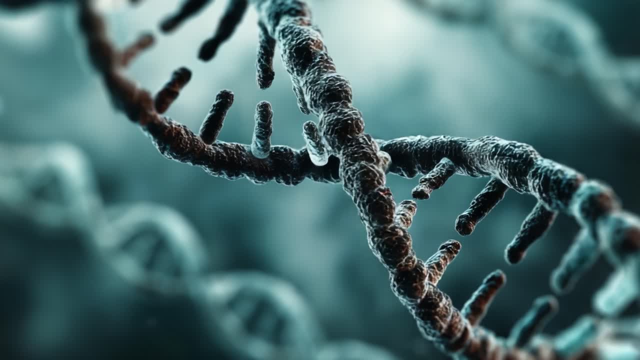 Primo piano intricato della struttura a elica del DNA che illustra il materiale genetico, la composizione molecolare e l'essenza della vita, mostrando il design a doppia elica