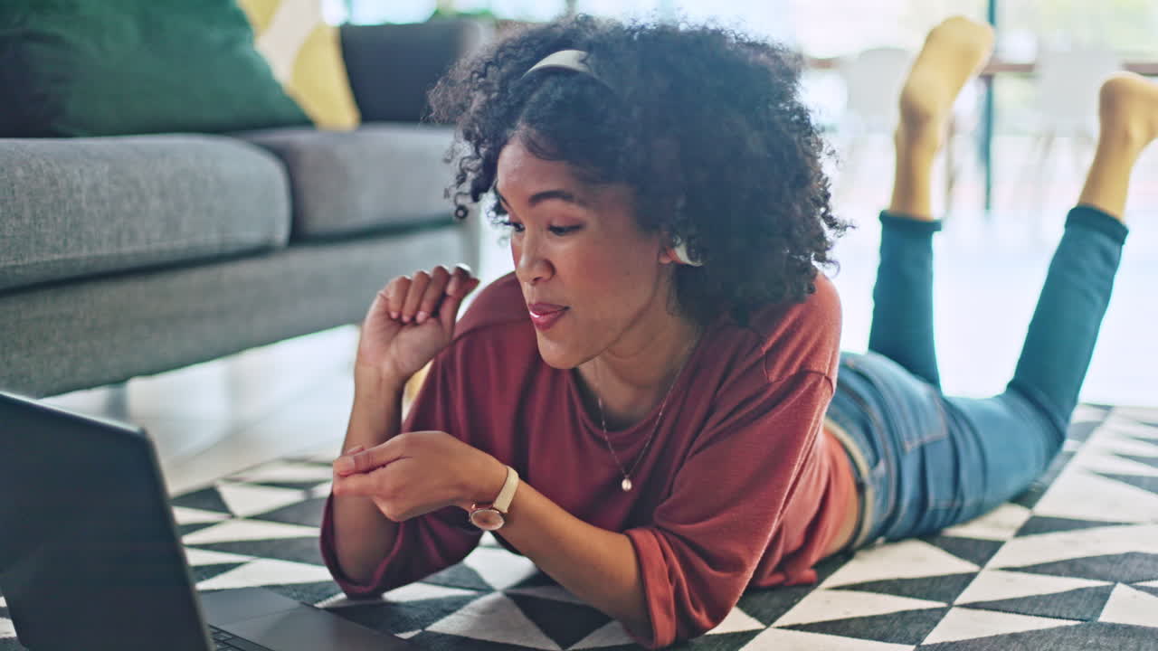 Laptop, music and woman on floor with headphones
