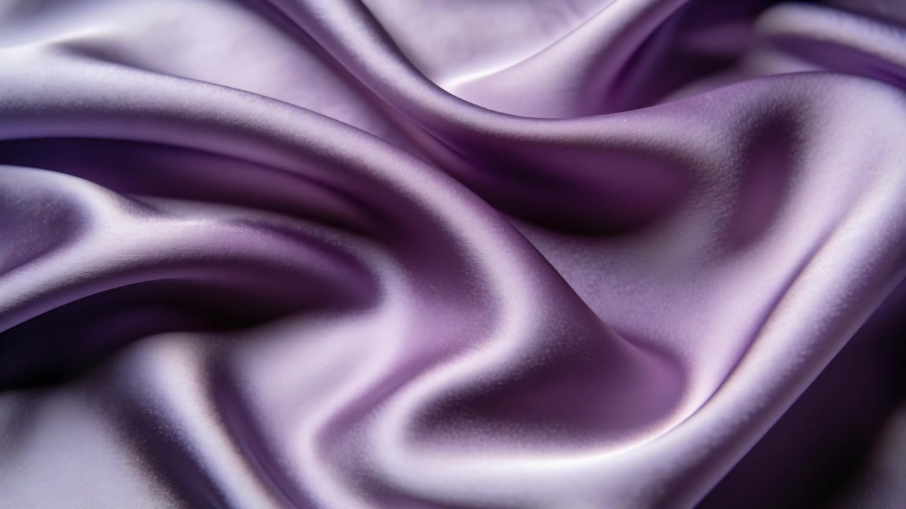 Tessuto di raso viola lucido che si sposta in studio, reagendo a un sottile cambiamento di luce e rivelando pieghe più profonde.