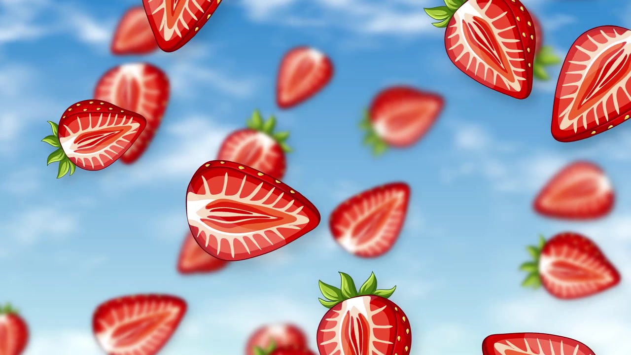 Animazione grafica di metà fragole rosse che cadono su uno sfondo di cielo blu soleggiato