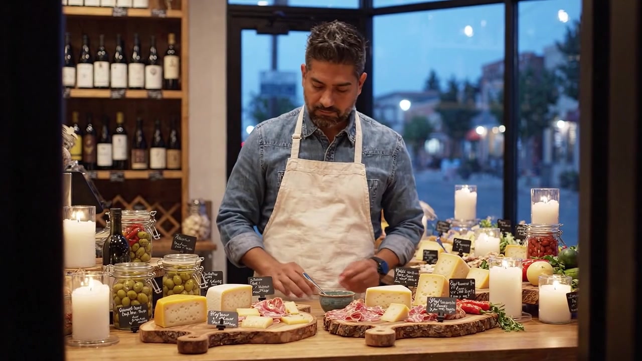Una serata serena in una formaggeria: Un artigiano dedicato prepara una varietà di formaggi deliziosi e salumi in un'atmosfera a lume di candela in un luogo incantevole.