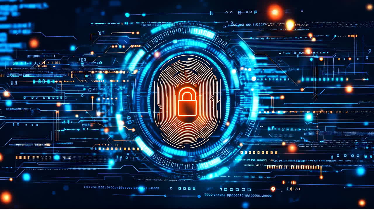 Blue circuit digital lock. Bright blue digital lock surrounded by glowing circuits shows advanced technology and secure data protection