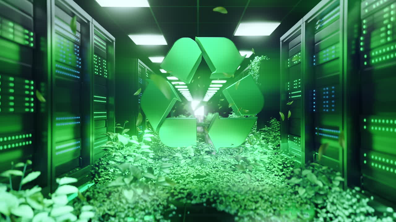 A futuristic data center corridor integrating natural elements and a prominent recycling symbol, sustainable cooling and green technology for eco-friendly computing and environmental