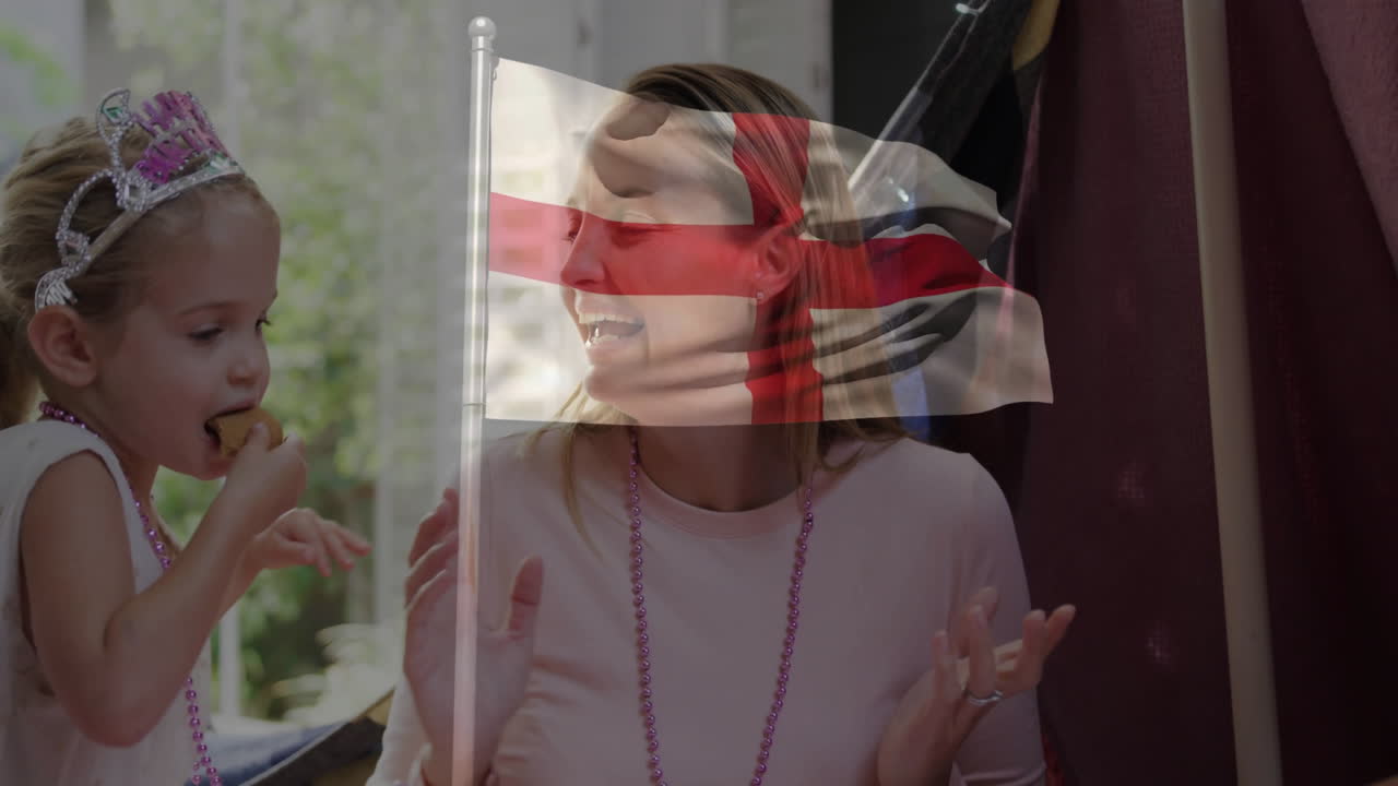 Celebrating with England flag overlay, woman and child in festive school setting