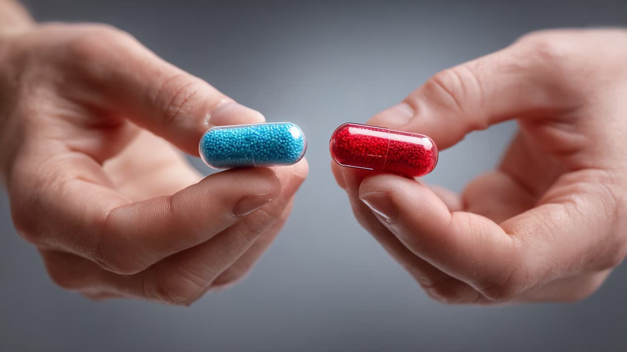 A Visual Contrast Between Two Colorful Capsules: A Symbolic Representation of Choices and Decisions Captured in a Thoughtful Moment