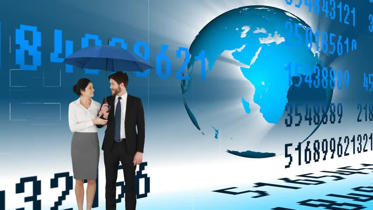 떠다니는 숫자를 쳐다보는 우산을 들고 있는 비즈니스 커플