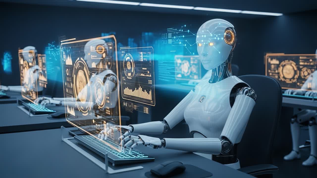 Futuristic Robot Working at a High-Tech Computer Station: A Glimpse into AI Integration and Advancements in Automation Technology