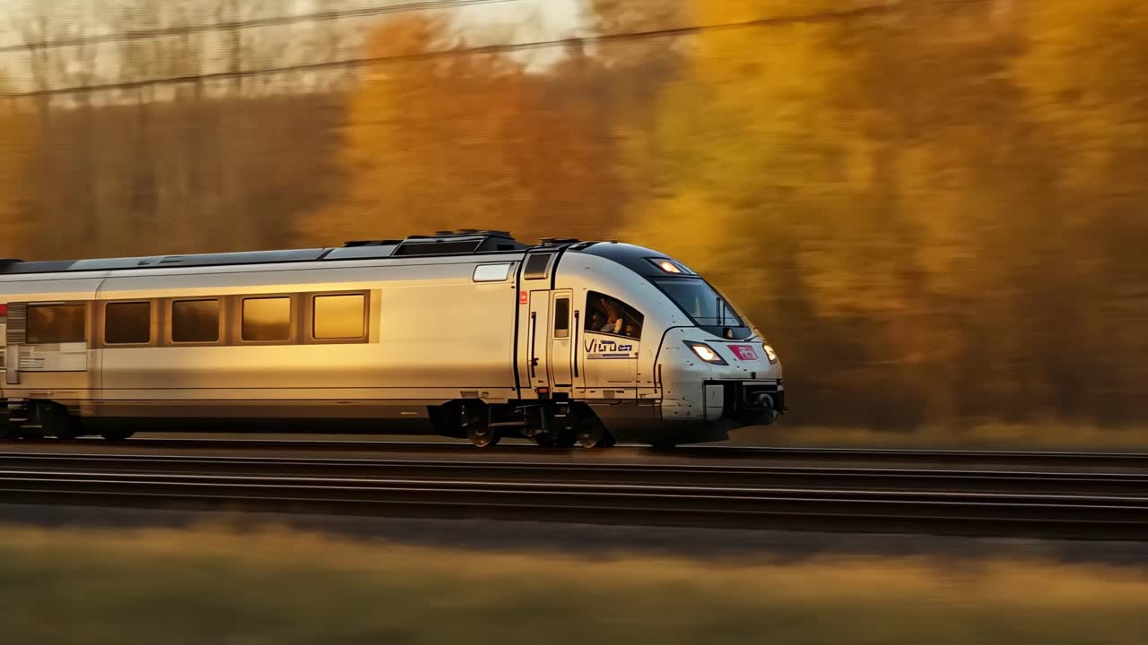 Dynamic side-angle video of a sleek train speeding through a blurred autumn landscape