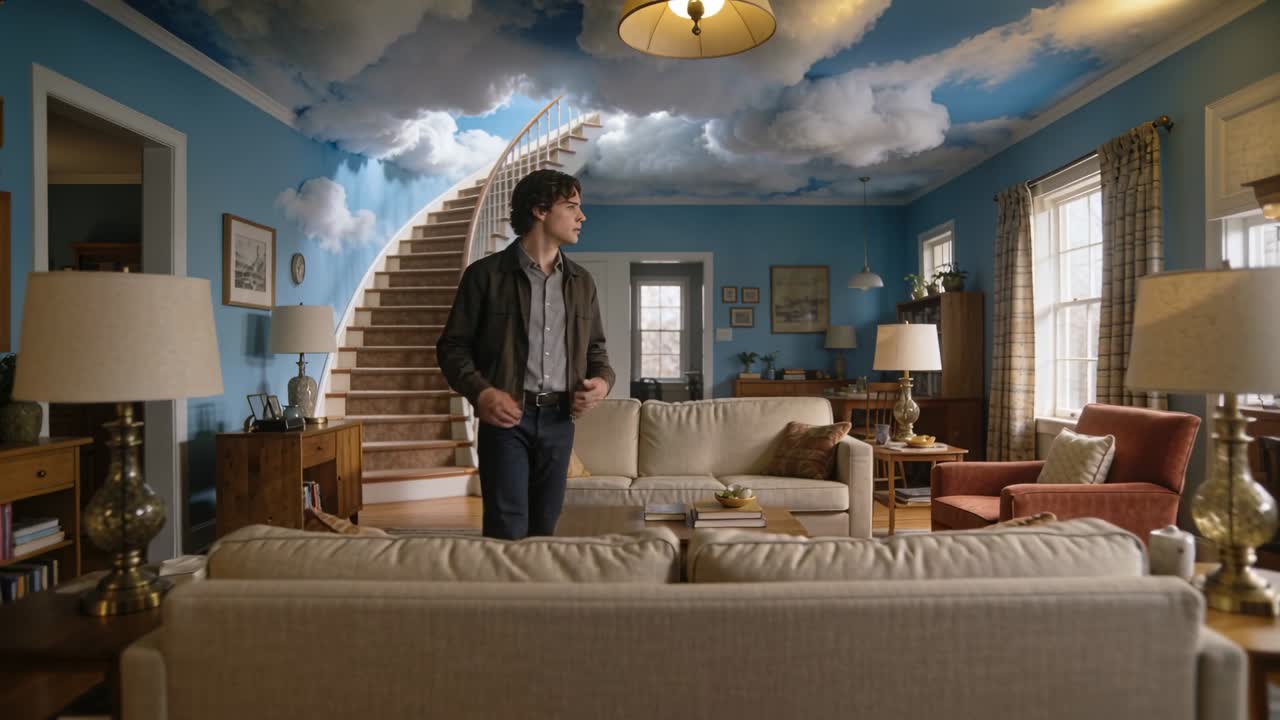 Noticing ceiling mural, man walking in living room toward curved staircase, adjusting brown jacket