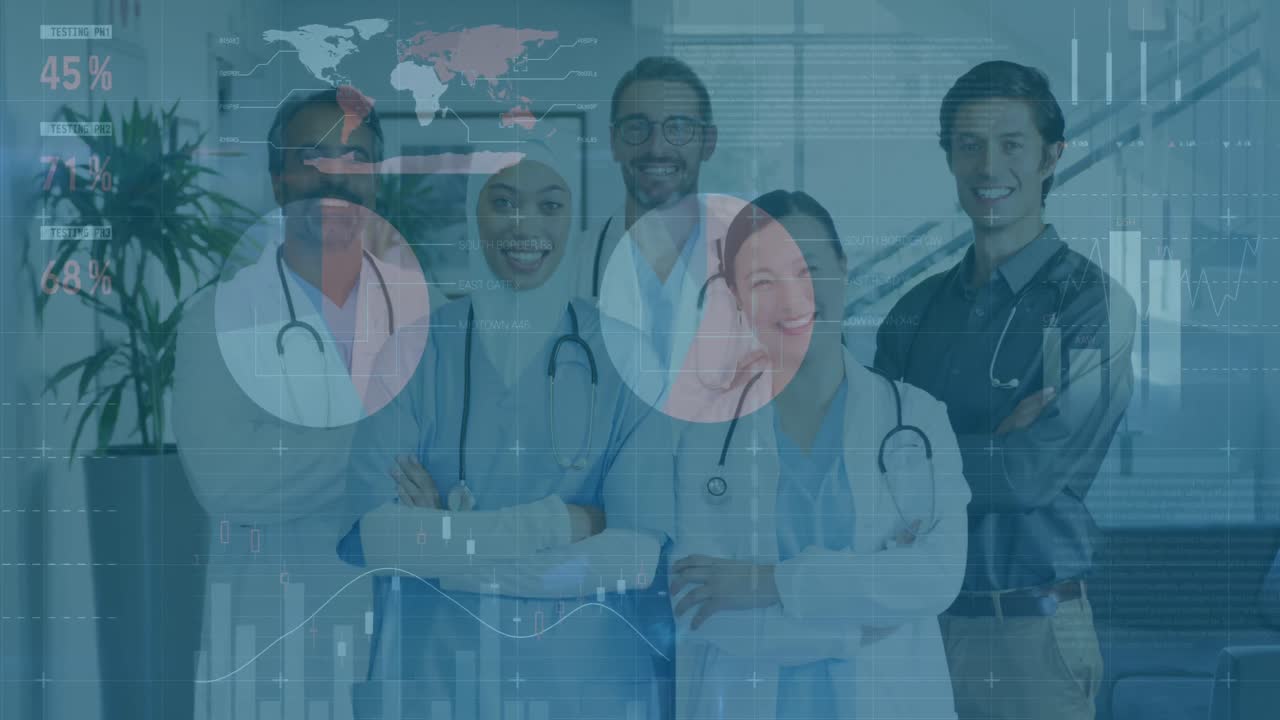 Animação de gráficos financeiros e dados sobre diversos médicos felizes posando para a câmera