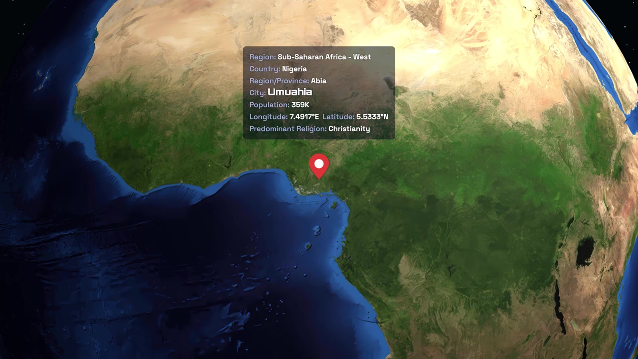 Digital globe rotates and zooms into West Africa, highlighting Umuahia with a location pin