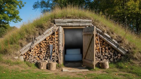 a tranquil view of a rustic earth shelter surrounded by nature, featuring wooden logs and an inviting doorway leading to cozy interior space