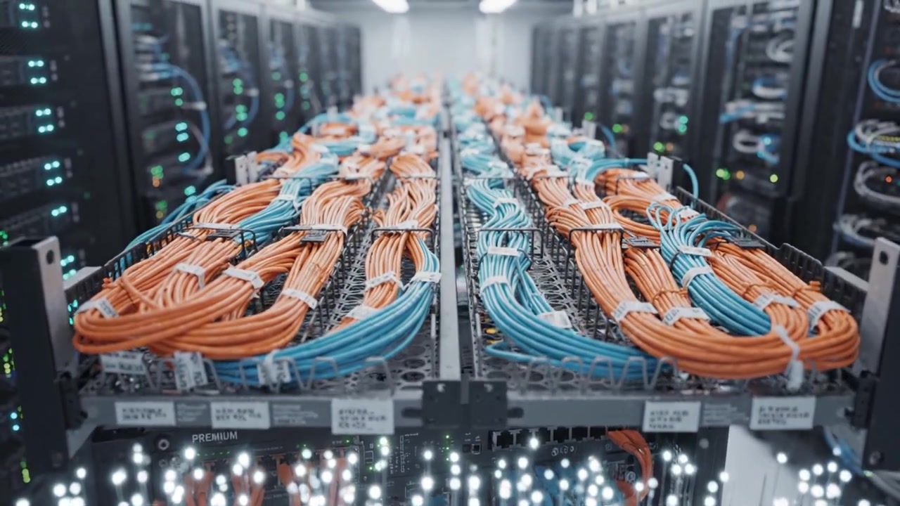 Exploring the Intricate World of Data Center Infrastructure: A Close-Up View of Network Cabling and Server Racks in a High-Tech Environment