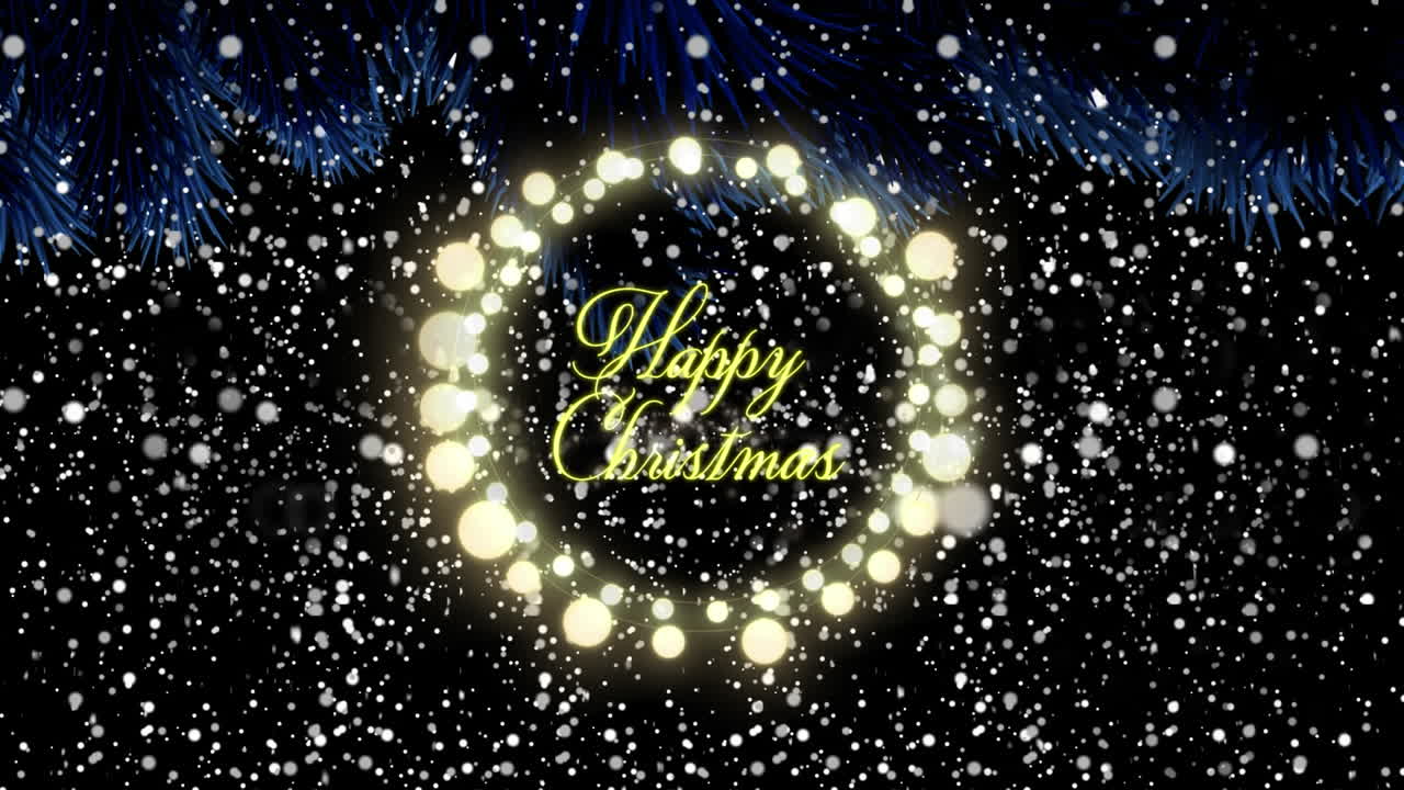 animación del texto de feliz navidad en el marco de luces de hadas sobre la nieve que cae sobre un fondo negro