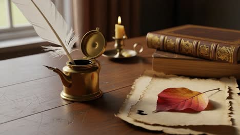 aesthetic workspace with golden ink pot, feather quill, rustic books, and autumn leaf on old paper; capturing the essence of writing and inspiration in a cozy setting