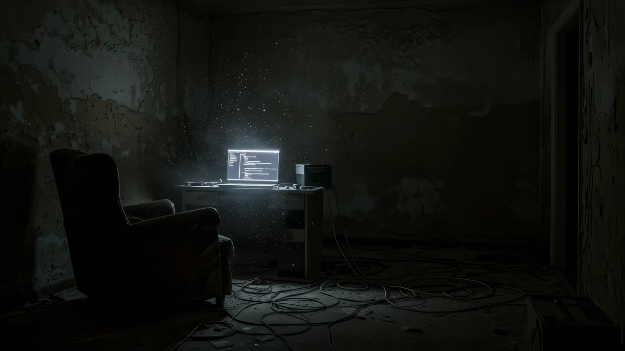 In a dark and abandoned room, a faint glow emanates from a computer screen, surrounded by a tangle of scattered cables in a desolate atmosphere