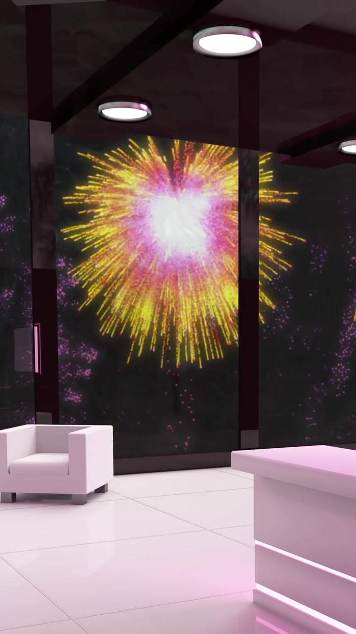 Animation of modern interior with christmas and new year fireworks in night sky