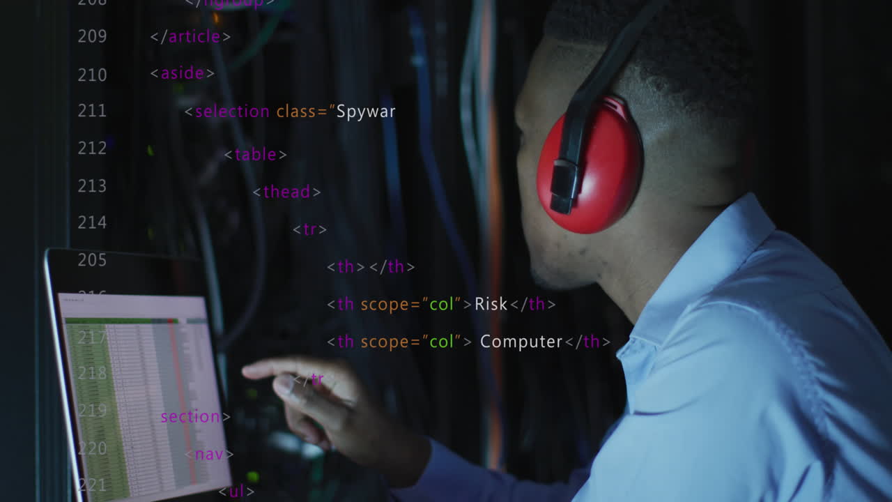 Animation of data processing over african american male it engineer and computer servers