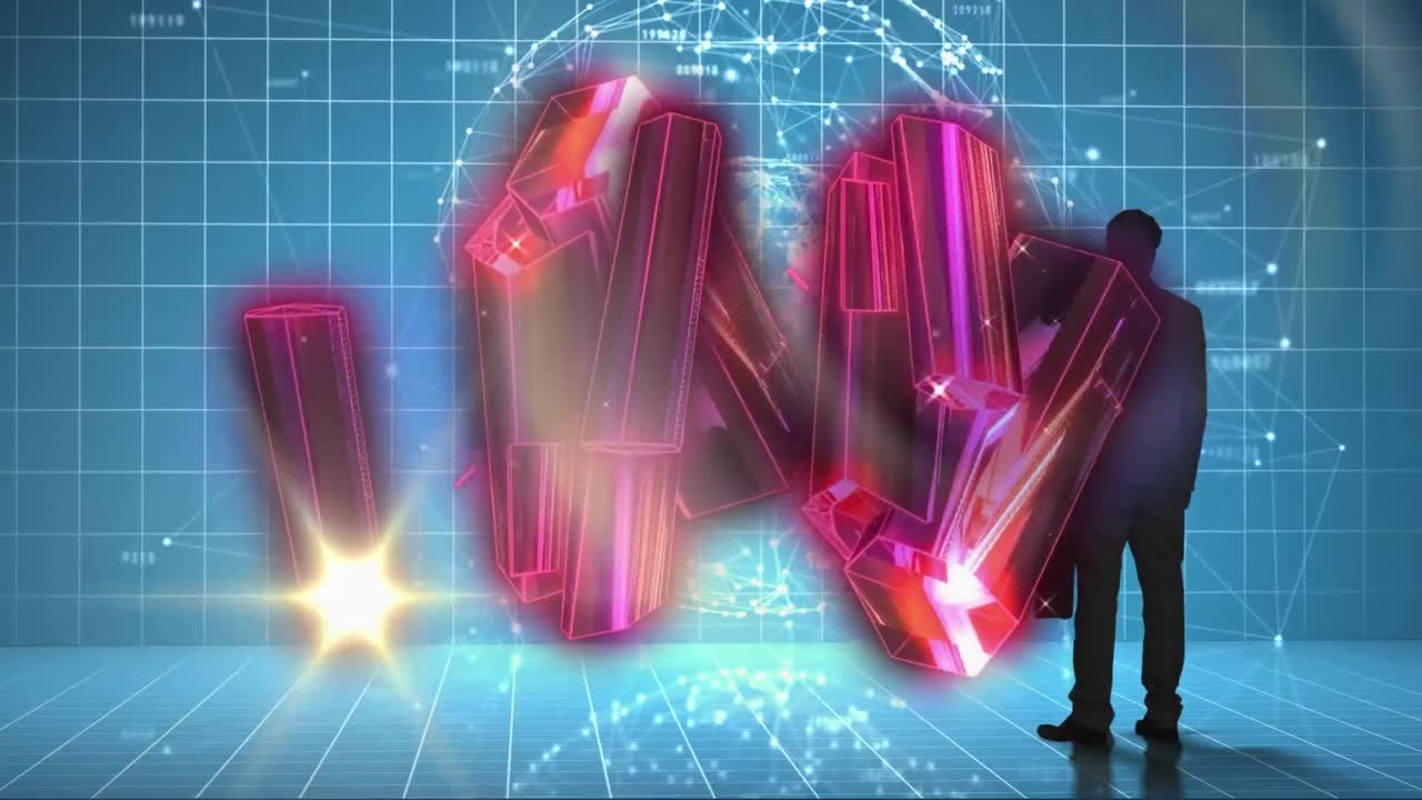 animación de procesamiento de datos sobre cristales y hombre de negocios caucásico.