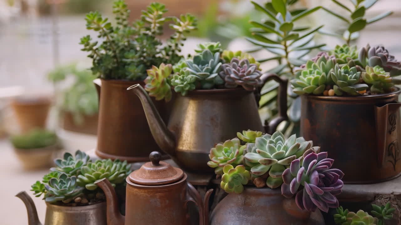 Succulents Potted in Vintage Teapots and Pitchers
