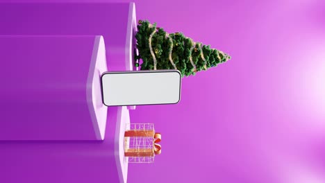 Smartphone,-Weihnachtsbaum-Und-Verpacktes-Geschenk-Auf-Rosa-Hintergrund
