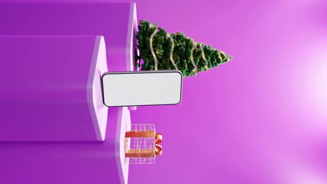 teléfono inteligente, árbol de navidad, y regalo envuelto en fondo rosa