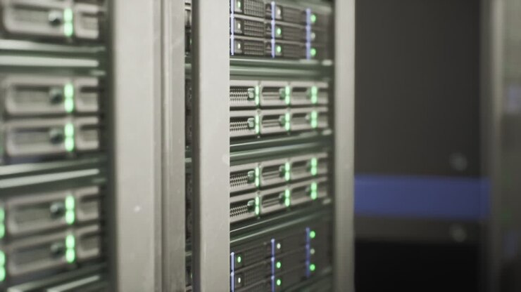 Primo piano di una fila di rack per server in un data center