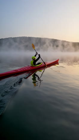 kayaker on a misty lake sunrise