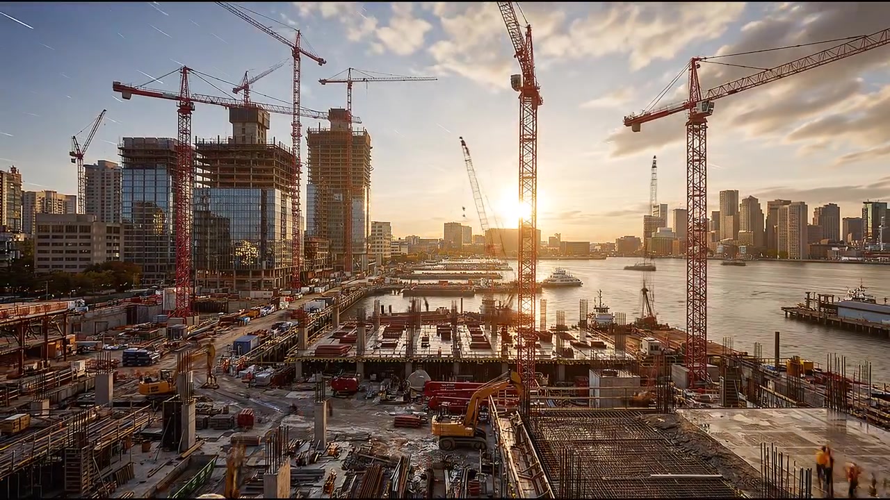 Construction site with cranes, buildings, and machinery, urban development and city infrastructure project, daytime construction site overview