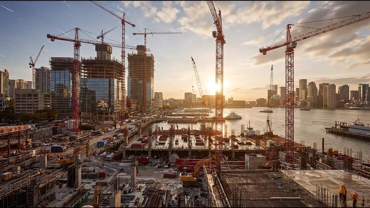 Construction site with cranes, buildings, and machinery, urban development and city infrastructure project, daytime construction site overview