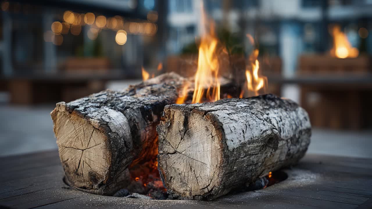 Captivating Glow of a Fire Pit: Flames Dancing on Log Chunks in a Cozy Outdoor Setting with Soft Background Lighting